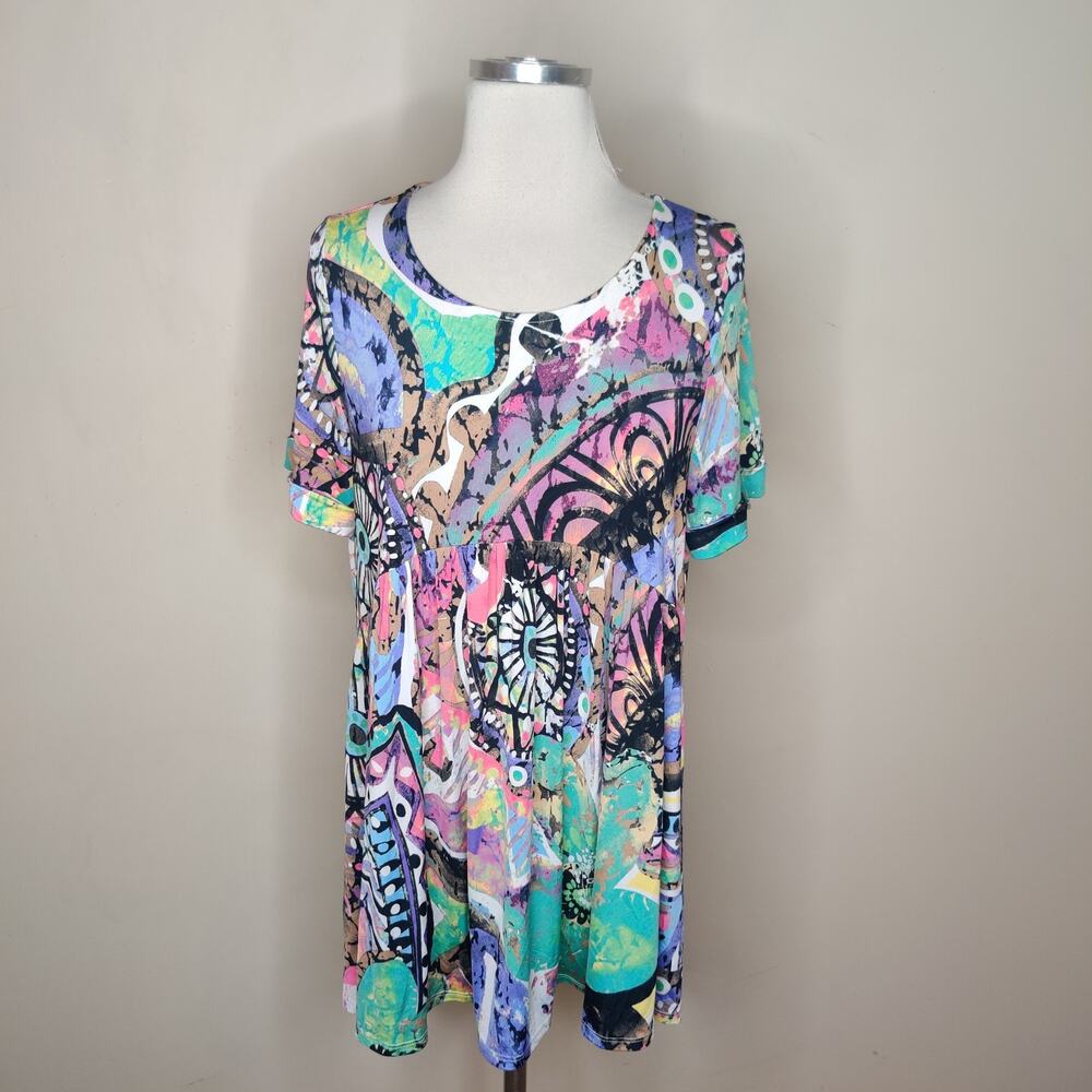 Paisley Grace‎ Top Abstract Floral Stretch Jersey Knit Babydoll